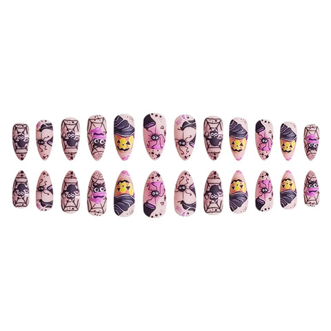 24pcs Wearable Almond False Nail Patches Halloween Theme Press On Nails With Dancing Spider Bat Pumpkin Designed DIY Manicure