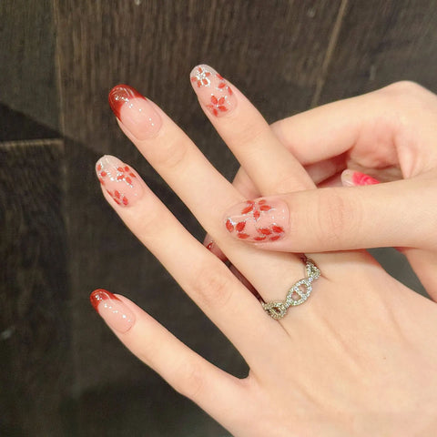 10pcs Romantic Rose Handmade Press On Nails Hand-painted Red Flower Designs False Nail Short Almond French Style Fake Nails