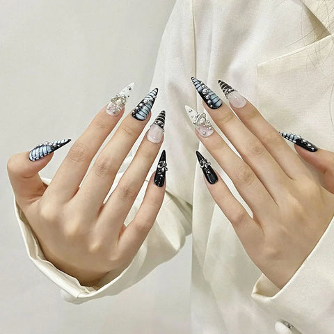 10pcs Handmade Press On Nails Autora Blue Long Stiletto Fake Nail Tips French Style Alligator Print Diamond Decor False Nails