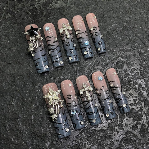 10pcs Long Coffin Press On Nails Handmad Dark Blue False Nail Patches Metal Diamond Star Designs Wearable French Style Fake Nail