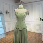 Elegante vestido de noche de chifón color verde salvia corte A