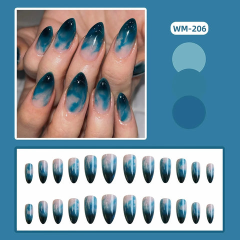24pcs Dark Blue Gradient Oval Fake Nails Press On Nails French Spotting Gentle False Nails Short Almond Artificial Nail Wearable