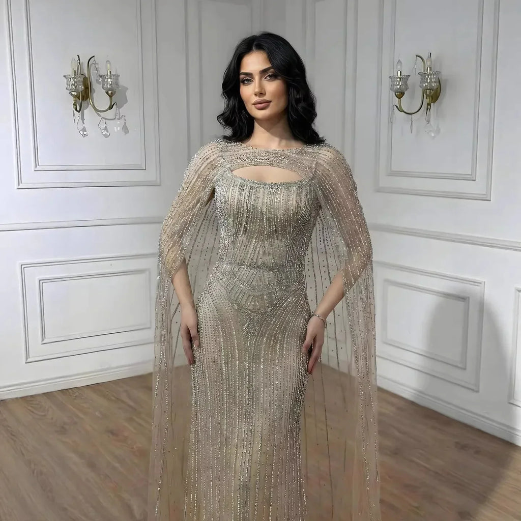 Vestido de Noche de Lujo Azul Diamante con Capa