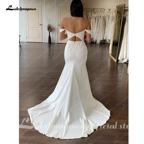 NumberSea Simple Pleat Mermaid Wedding Dresses 2025 Boat Neck Backless Boho Bridal Gown off white vestido de boda