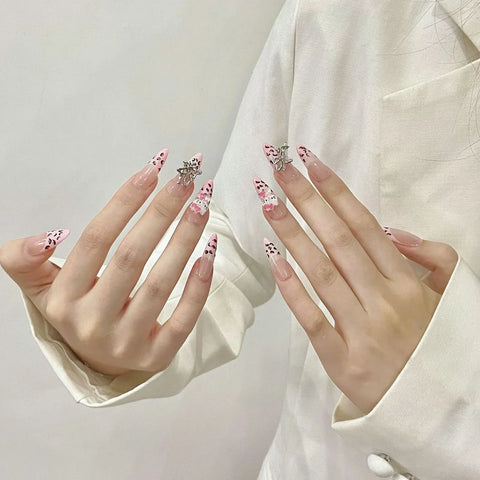 10pcs Pink French Fake Nail Patches Handmade Long Almond Press On Nails Leopard Print Metal Chain Designs False Nail Tips Art