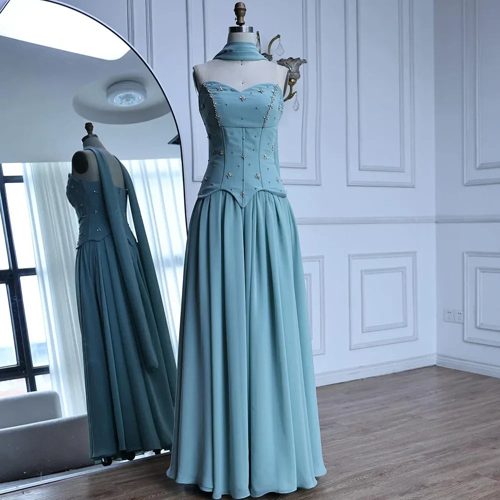 Elegante vestido de noche de chifón color verde salvia corte A