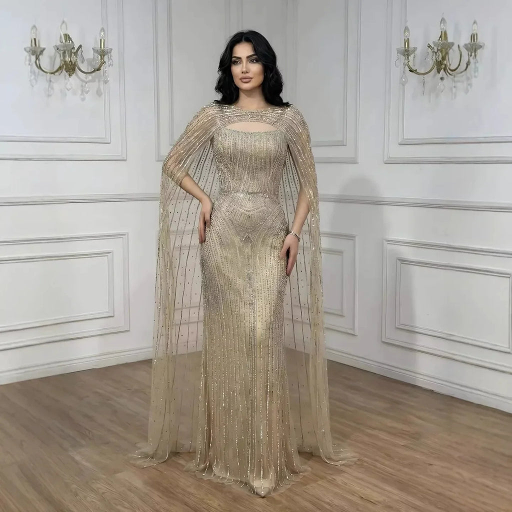 Vestido de Noche de Lujo Azul Diamante con Capa