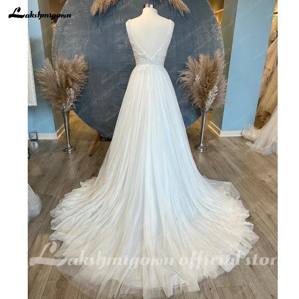 Vestido de novia de corte A para mujer de NumberSea, estilo bohemio, de tul, para fiesta de noche, para playa 