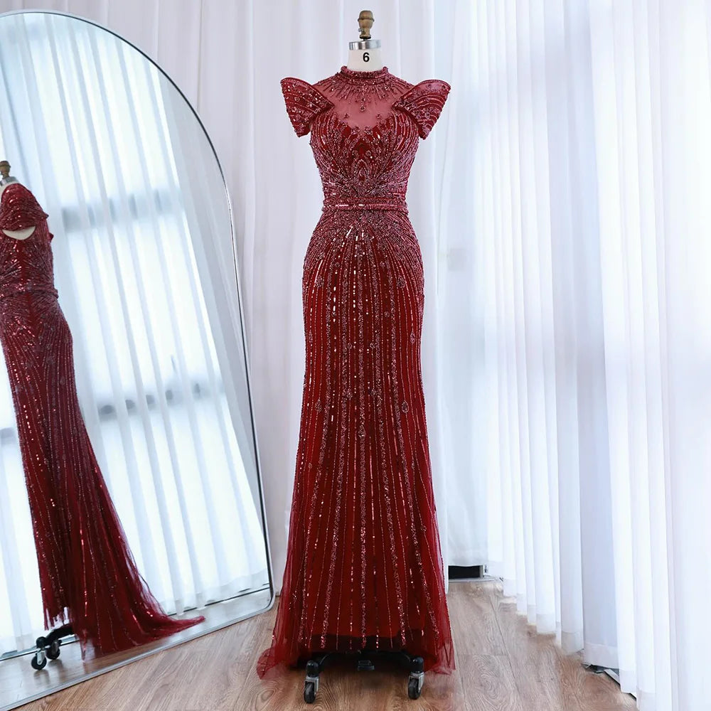 Vestido de Noche de Lujo Color Caramelo Sirena con Cuentas LA73082
