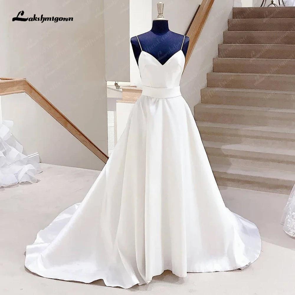 Vestidos de novia NumberSea de satén, corte A, con lazo y espalda descubierta, para playa, verano 2025, sexys, con tirantes finos 