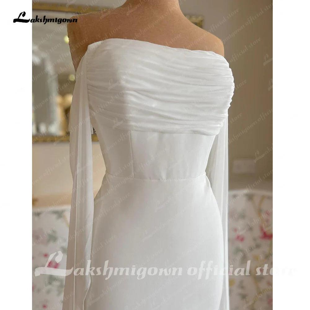 Vestidos de novia elegantes con frunces y corte sirena de crepé elástico con hombros descubiertos y mangas desmontables en talla grande. 