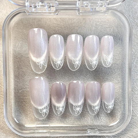 10pcs Handmade Almond Press On Nails Flash Cat's Eye False Nail Patches White French Style Detachable Fake Nail Tips For Women