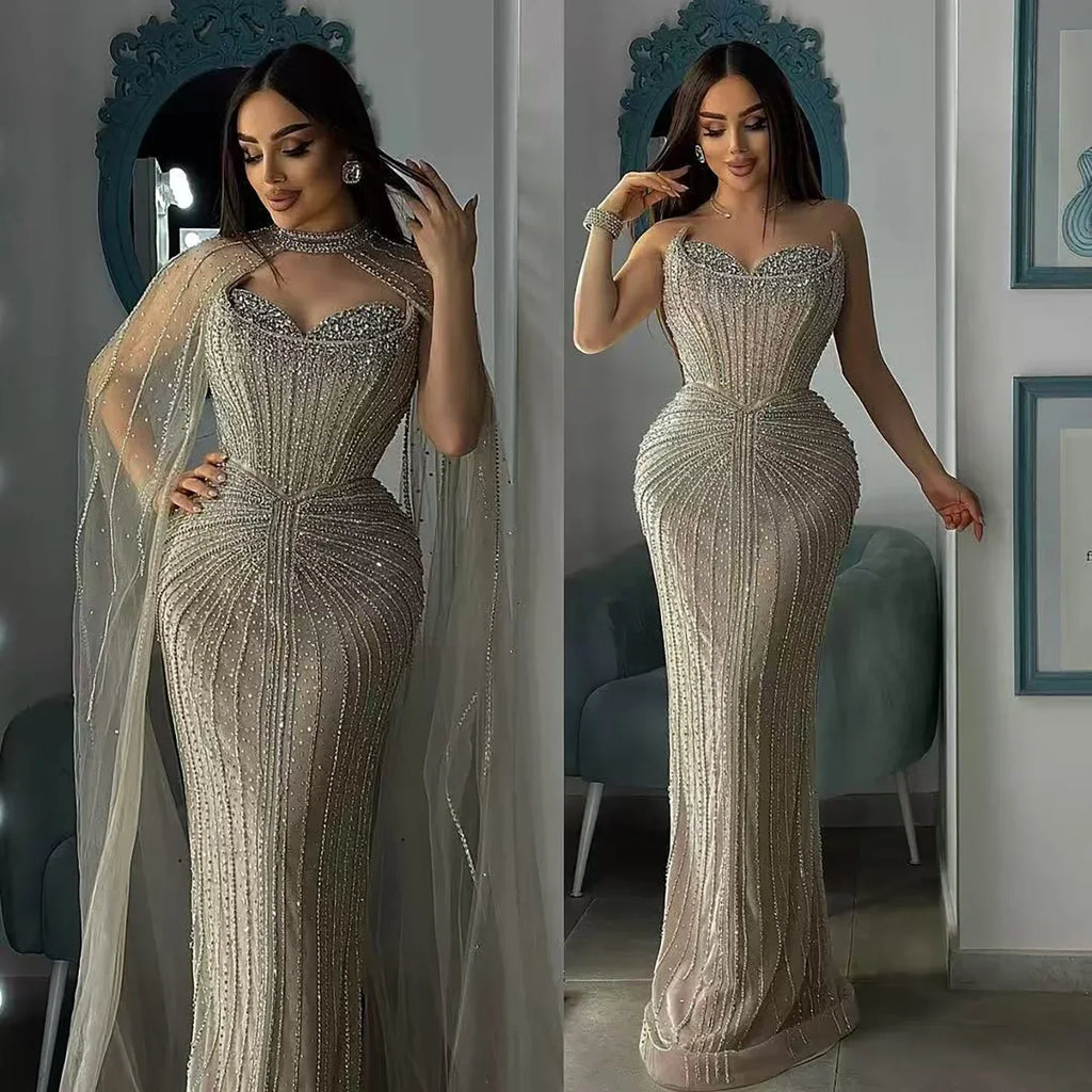 Vestido de Noche de Lujo con Capa y Cuentas de Caramelo de Dubái LA72811C