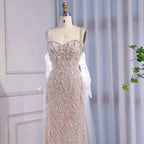 Luxury Lace Pearls Mermaid Evening Dress With Glove White Nude