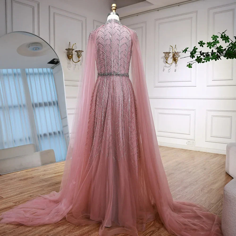 Luxury Elegant Pink Beaded Evening Dress with Cape