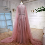 Luxury Elegant Pink Beaded Evening Dress with Cape