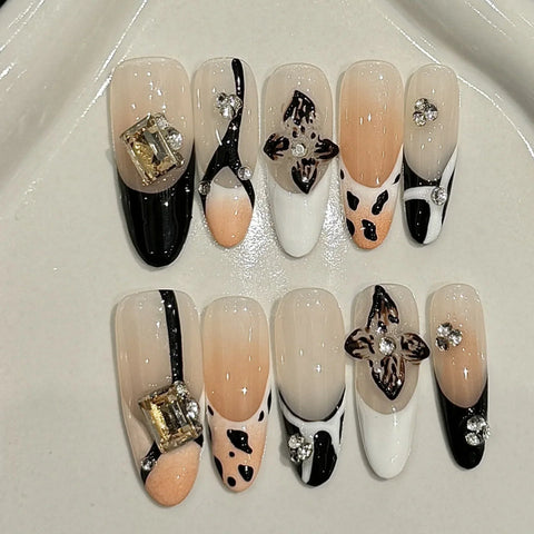 10 uñas postizas creativas de verano hechas a mano con diseños de insectos y flores de colores en 3D, uñas postizas de estilo francés Y2k para primavera. 