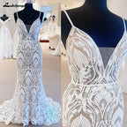 Vestidos de novia de encaje sexy NumberSea 2025, escote en V, espalda abierta, largo, tirantes finos, apliques, corte A, vestido de fiesta 