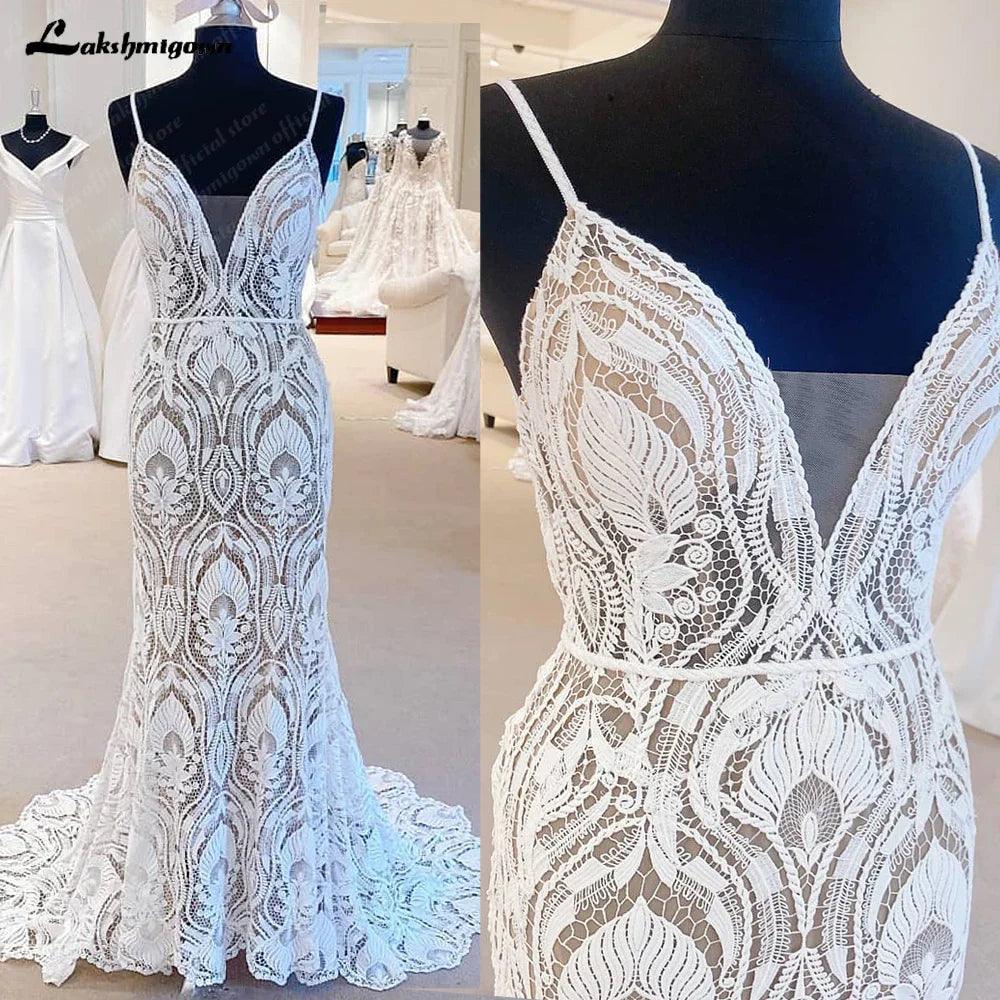 Vestidos de novia de encaje sexy NumberSea 2025, escote en V, espalda abierta, largo, tirantes finos, apliques, corte A, vestido de fiesta 