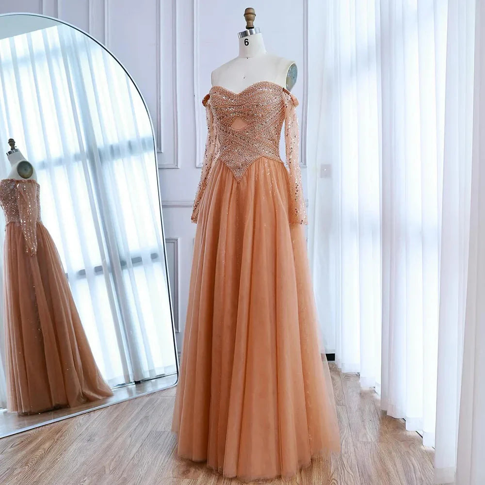 Luxuriöses schulterfreies A-Linien Abendkleid mit Perlen