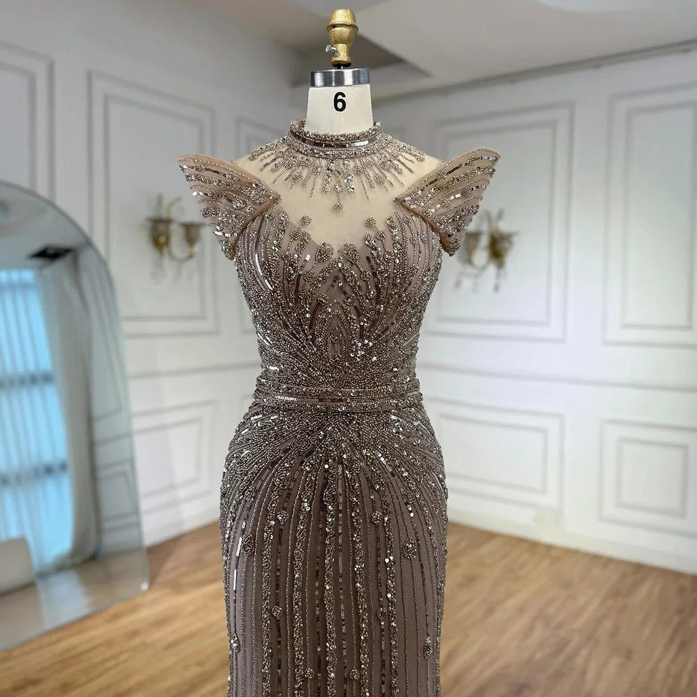 Vestido de Noche de Lujo Color Caramelo Sirena con Cuentas LA73082