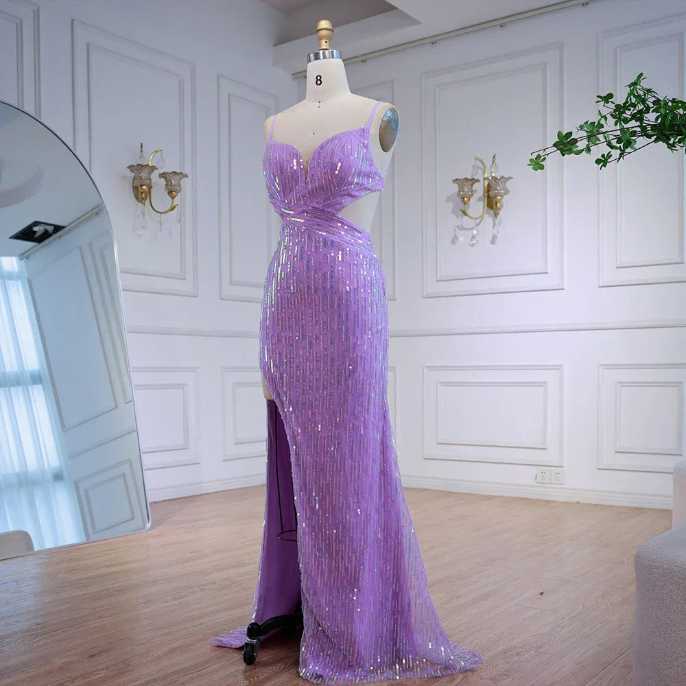 Vestido de fiesta de lentejuelas moradas de lujo con abertura y cintura recortada LA73000