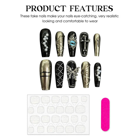 10pcs Dark Black Handmade Fake Nails MId-lenght Y2k Style Press On Nails Metal Butterfly Cross Pearl Designs False Nail Patches