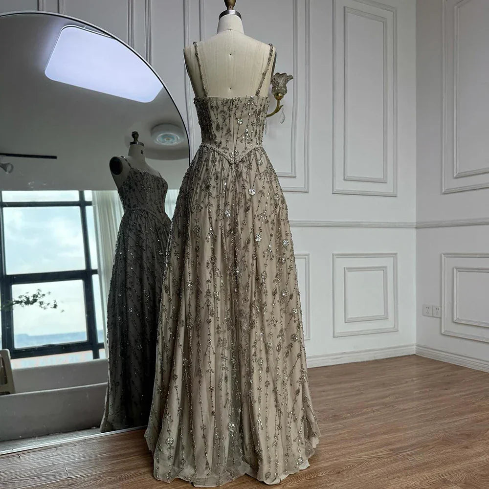 Luxury Sage Green Beaded A-Line Spaghetti Strap Evening Dress