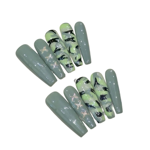10pcs Long Coffin Army Green False Nail Patches Ballerina Spring Summer Wearable Handmade Press On Nails Full Cover Manicure Art