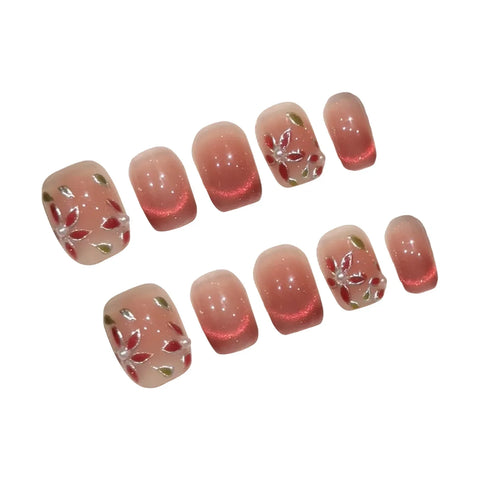 10pcs Glossy Pink Cat's Eye Press On Nails Hand Painted Pear Flower False Nail Full Cover Wearable Korean Style Fake Nail Patch