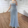 Vestido de Noche de Lujo Azul Diamante con Capa