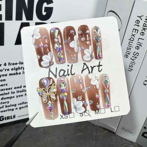 10pcs Glossy Coffin Handmade Press On Nails Gradient Brown White Flower Flash Butterfly Diamond False Nail Luxury Fake Nails