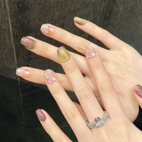 10 Stück neue zweifarbige Press-On-Nägel, handgefertigt, glänzende Glasperlen, Katzenauge, künstliche Nägel, glänzende Pailletten-Designs, DIY-Gefälschte Nagelspitzen 