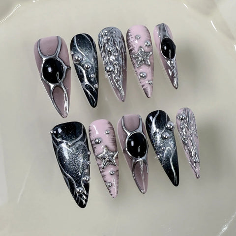 10pcs Long Ballet Press On Nails Gradient Pink Silver Baroque Metal Style Handmade False Nails Sweet Cool Almond Fake Nail Tips
