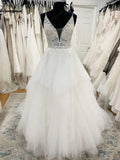 Vestido de novia NumberSea con tirantes finos, escote en V escalonado, estilo princesa, de tul, sin espalda y con cremallera 