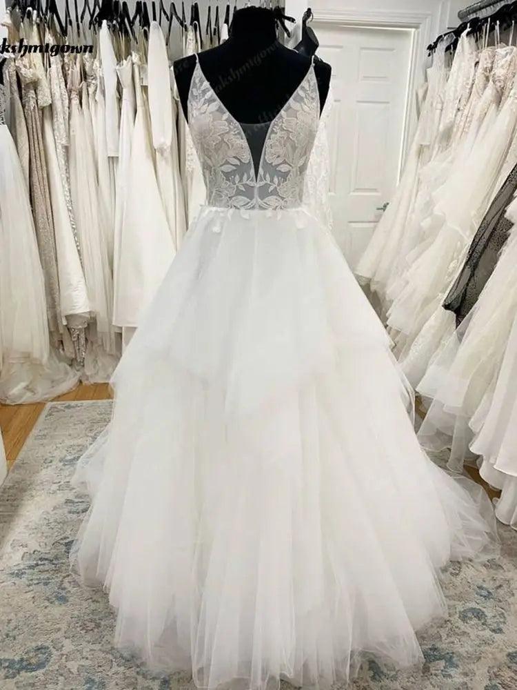 Vestido de novia NumberSea con tirantes finos, escote en V escalonado, estilo princesa, de tul, sin espalda y con cremallera 