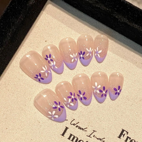 10pcs Hand-painted Color Smile Face False Nails Summer Rainbow Cute Graffiti Handmade Press On Nails French Almond Fake Nail