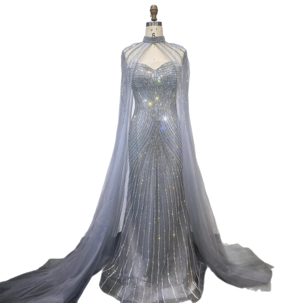 Luxury Nude Mermaid Evening Dress with Cape Sleeves