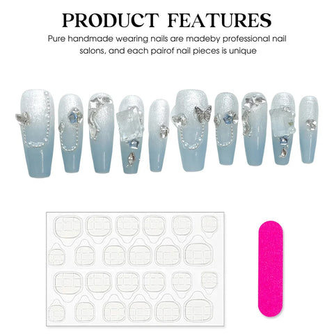 10pcs Gradient Blue Fake Nail Tips Handmade French Style Press On Nails With Flash Chain Rhinestone Decor Wearable False Nails