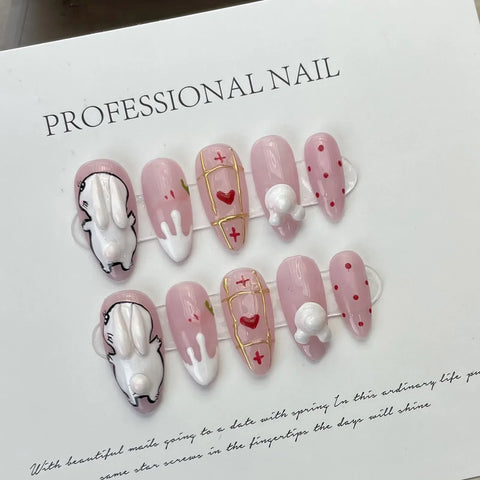 10pcs White Rabbit Press On Nails Handmade Pink Almond Fake Nail Patches With Gold Stripe Love Heart Decor Wearable False Nails