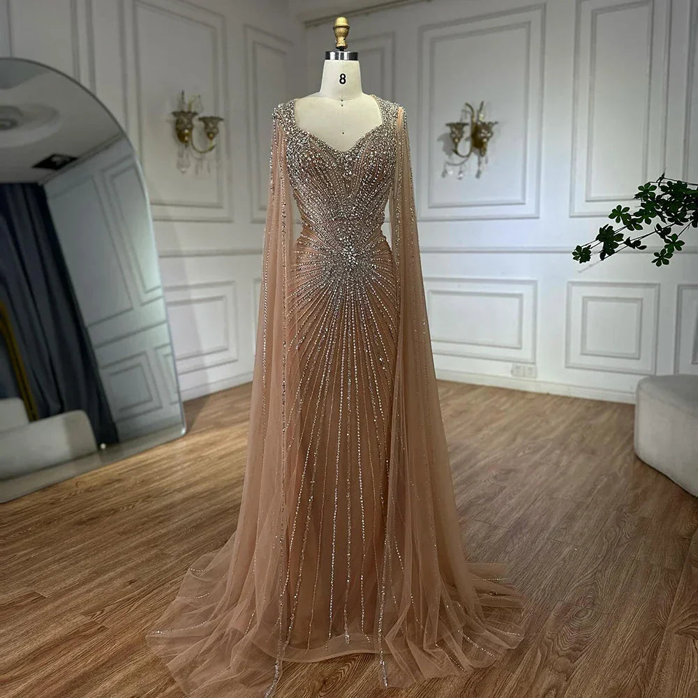 Dubai Luxuriöses Abendkleid mit nackten Cape-Ärmeln und Perlen LA72575A