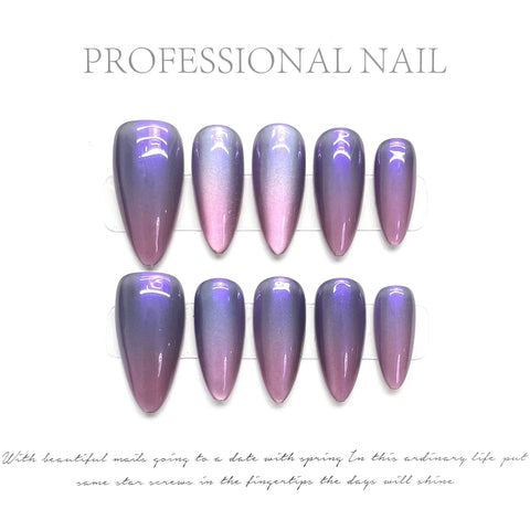 10pcs Glossy Cat's Eye Press On Nails Nude Purple Color Wearable Almond Handmade False Nails Daily Party Manicure For Women