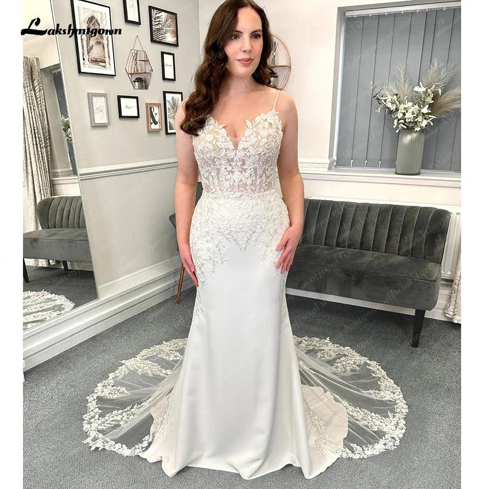 Vestido de novia NumberSea sexy de sirena con encaje de satén suave para mujer 2025, vestidos de novia con tirantes finos 