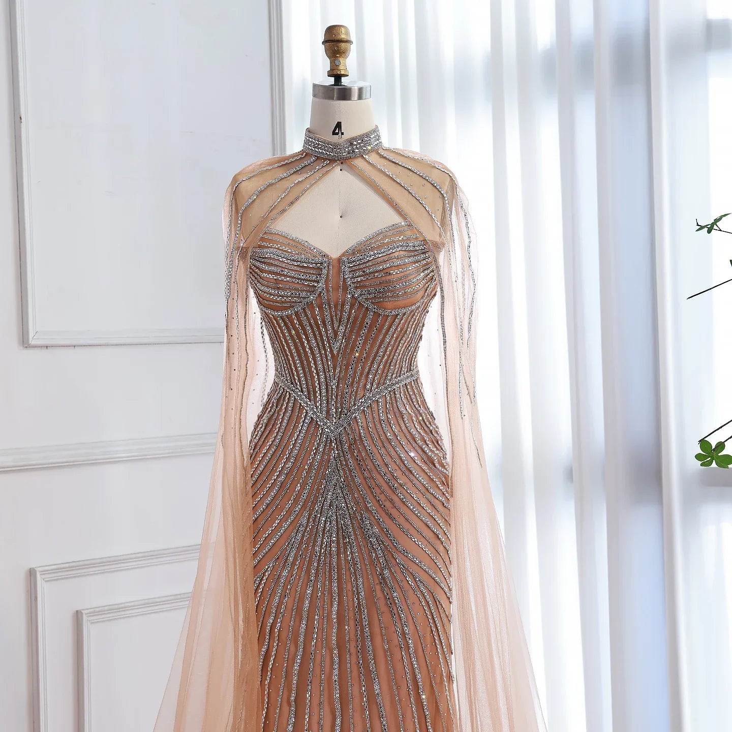 Luxury Nude Mermaid Evening Dress with Cape Sleeves