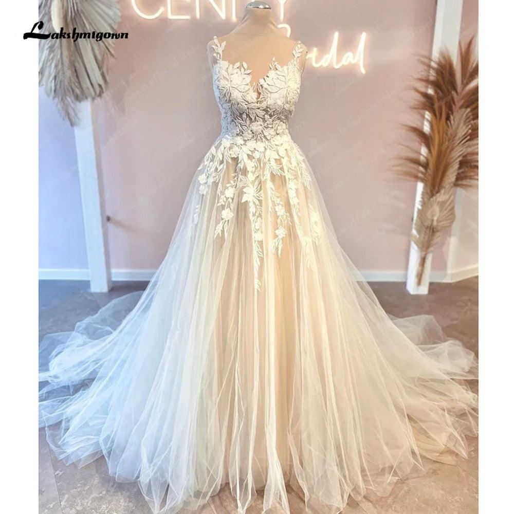 Vestidos de novia de encaje floral de princesa NumberSea para mujer, color champán, estilo bohemio, con cola de corte 