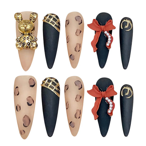 10pcs Leopard Print Press On Nails Gold Bear 3D Red Bowknot Baroque Handmade Fake Nail Heavy Luxury Long Stiletto False Nail Tip
