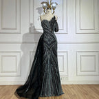 Luxuriöses arabisch-blaues One-Shoulder-Abendkleid aus Dubai mit seitlichem Überrock und Perlen für Damenparty LA72662