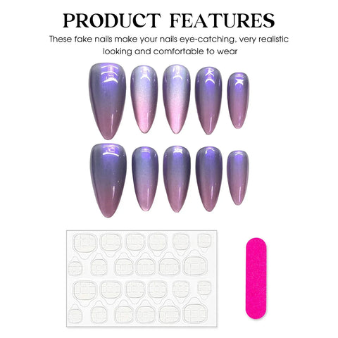 10pcs Glossy Cat's Eye Press On Nails Nude Purple Color Wearable Almond Handmade False Nails Daily Party Manicure For Women