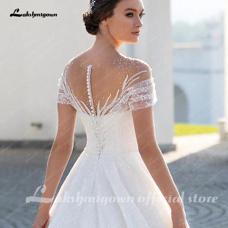 Vestido de novia NumberSea con hombros descubiertos, elegante vestido de novia de corte A con encaje brillante y pliegues ilusión, mangas cortas 