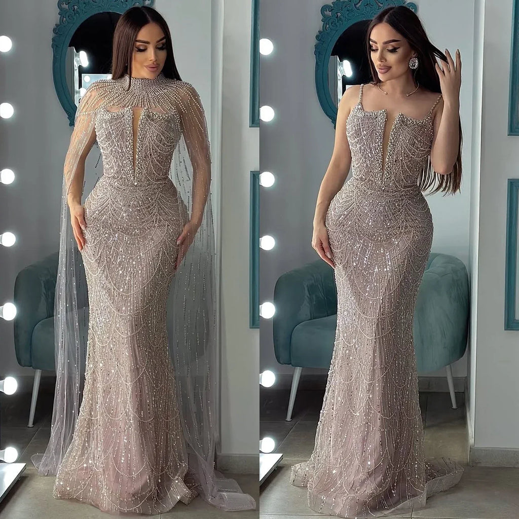 Luxuriöses Abendkleid Nude Perlen Bestickte Robe mit Tüllschleppe